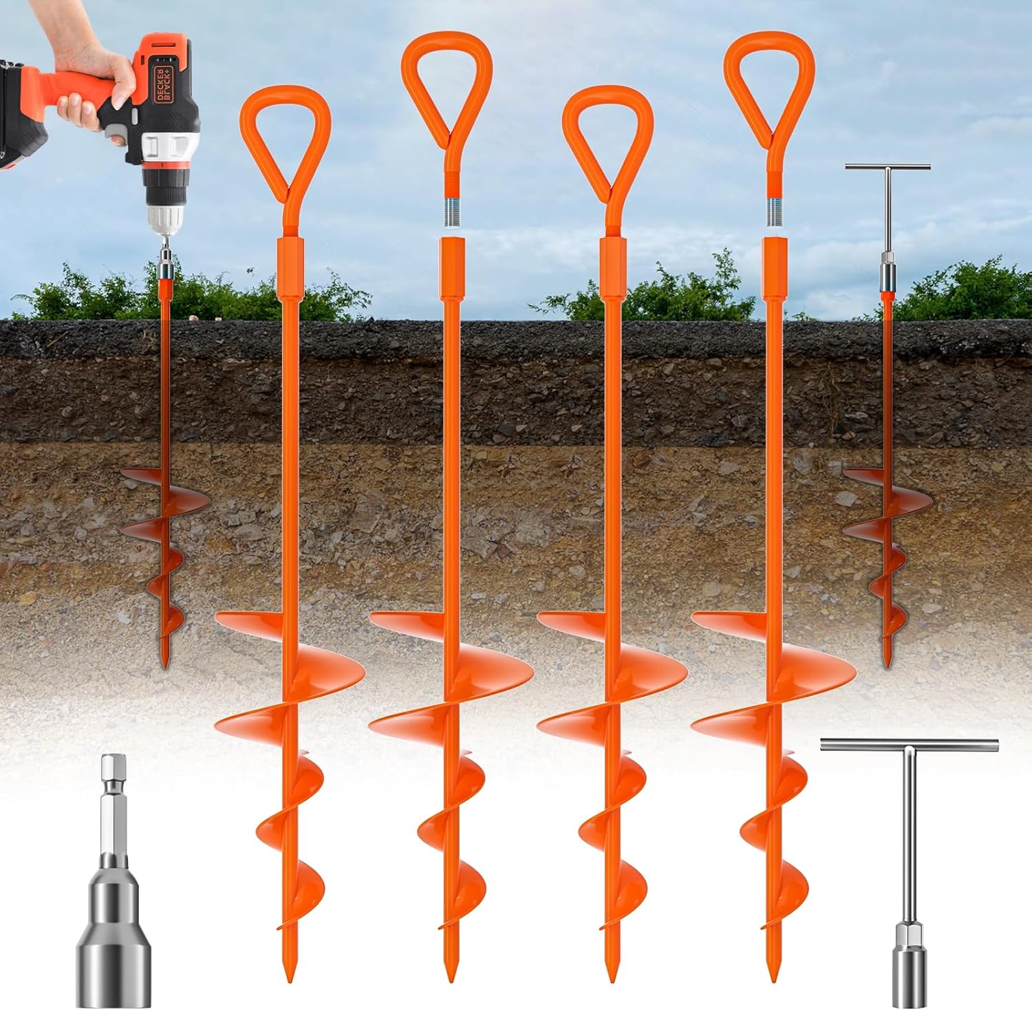 phopich 18" long ground anchor, heavy duty earth anchors 18 inch ground anchors screw in kit with t handle hex wrench for camping tent, swing sets, securing animals, sheds, trampoline(4 pcs) (orange) phopich 18" long ground anchor, heavy duty earth anchors 18 inch ground anchors screw in kit with t handle hex wrench for camping tent, swing sets, securing animals, sheds, trampoline(4 pcs) (orange)