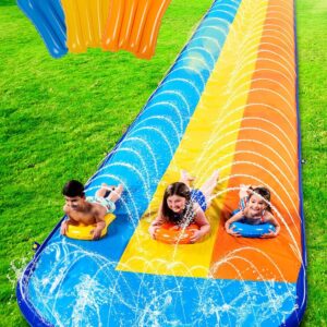 sloosh 22.5ft triple water slide and 3 body boards, backyard lawn water slides with outdoor slip sprinkler for kids adults summer water fun toy