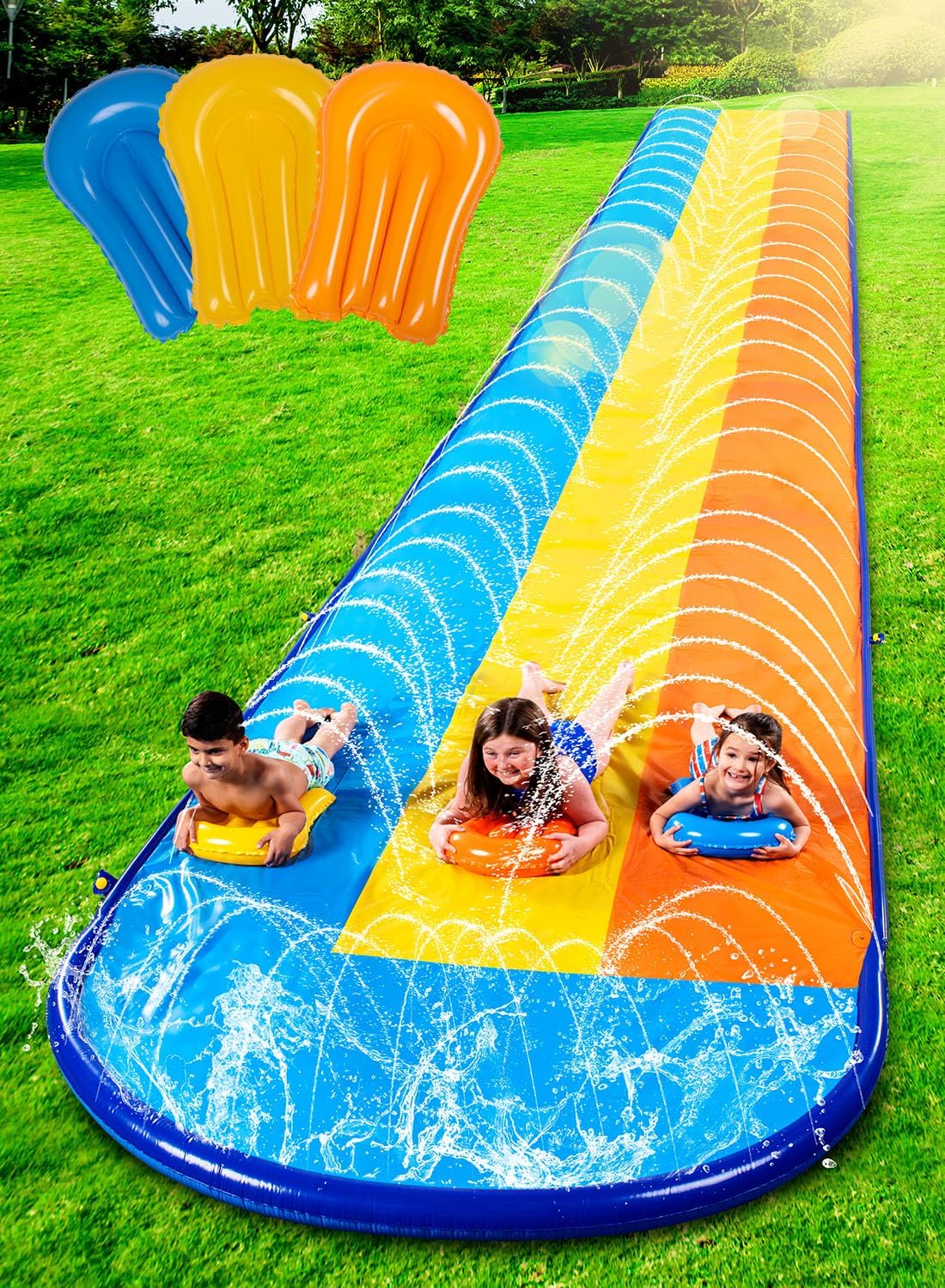 sloosh 22.5ft triple water slide and 3 body boards, backyard lawn water slides with outdoor slip sprinkler for kids adults summer water fun toy sloosh 22.5ft triple water slide and 3 body boards, backyard lawn water slides with outdoor slip sprinkler for kids adults summer water fun toy
