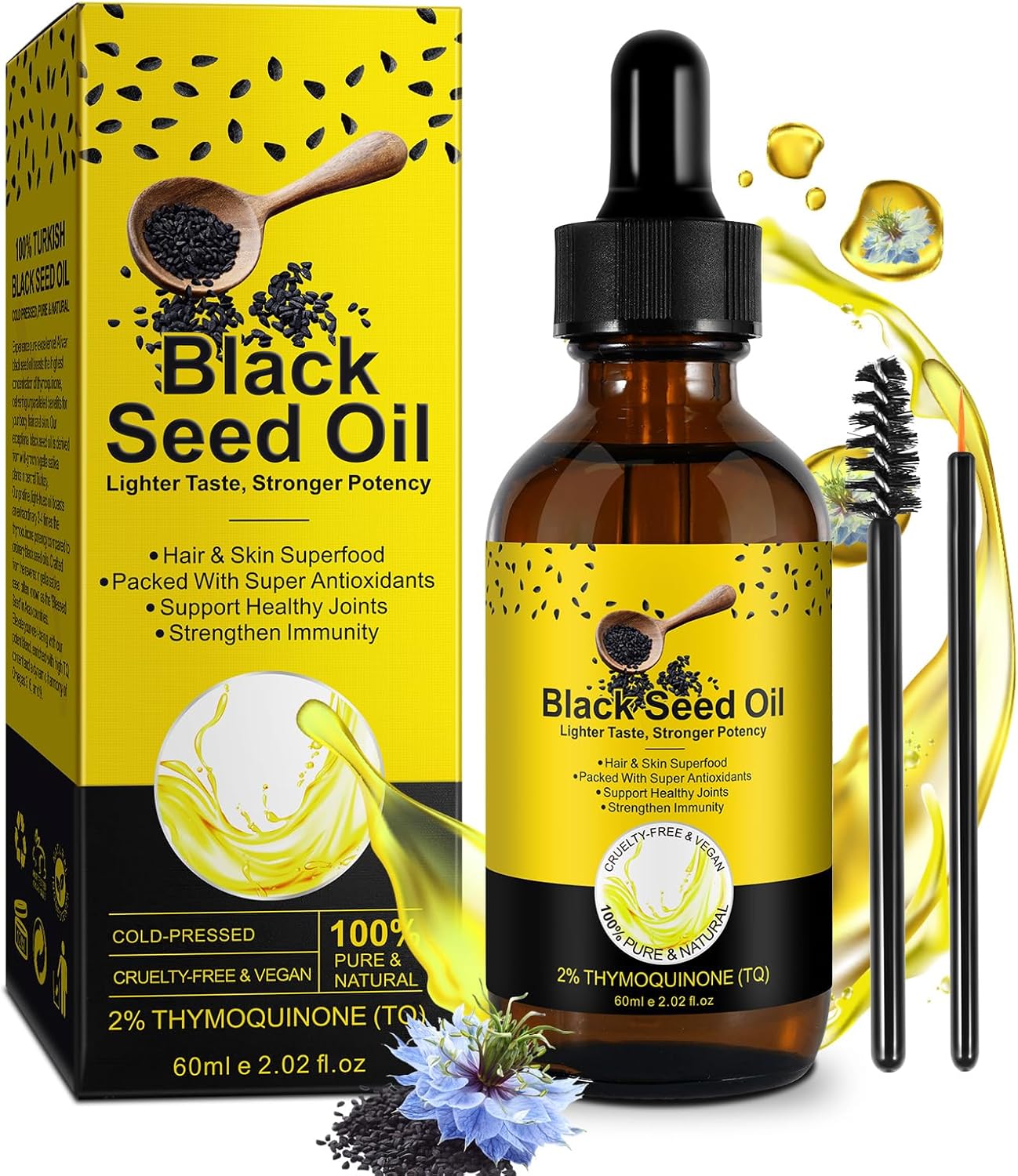 black seed oil, organic black seed oil cold pressed, pure and natural liquid promote hair growth, skin cares, nourishes and hydrates hair 2.02 fl oz black seed oil, organic black seed oil cold pressed, pure and natural liquid promote hair growth, skin cares, nourishes and hydrates hair 2.02 fl oz