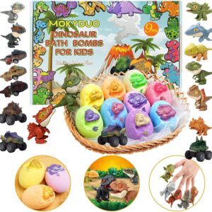 mokyduo bath bombs for kids with surprise toys,9 pack kids bath bombs with dinosaur bath toys inside, natural bubble bath fizzy balls, ideal birthday,christmas,children's day for girls boys