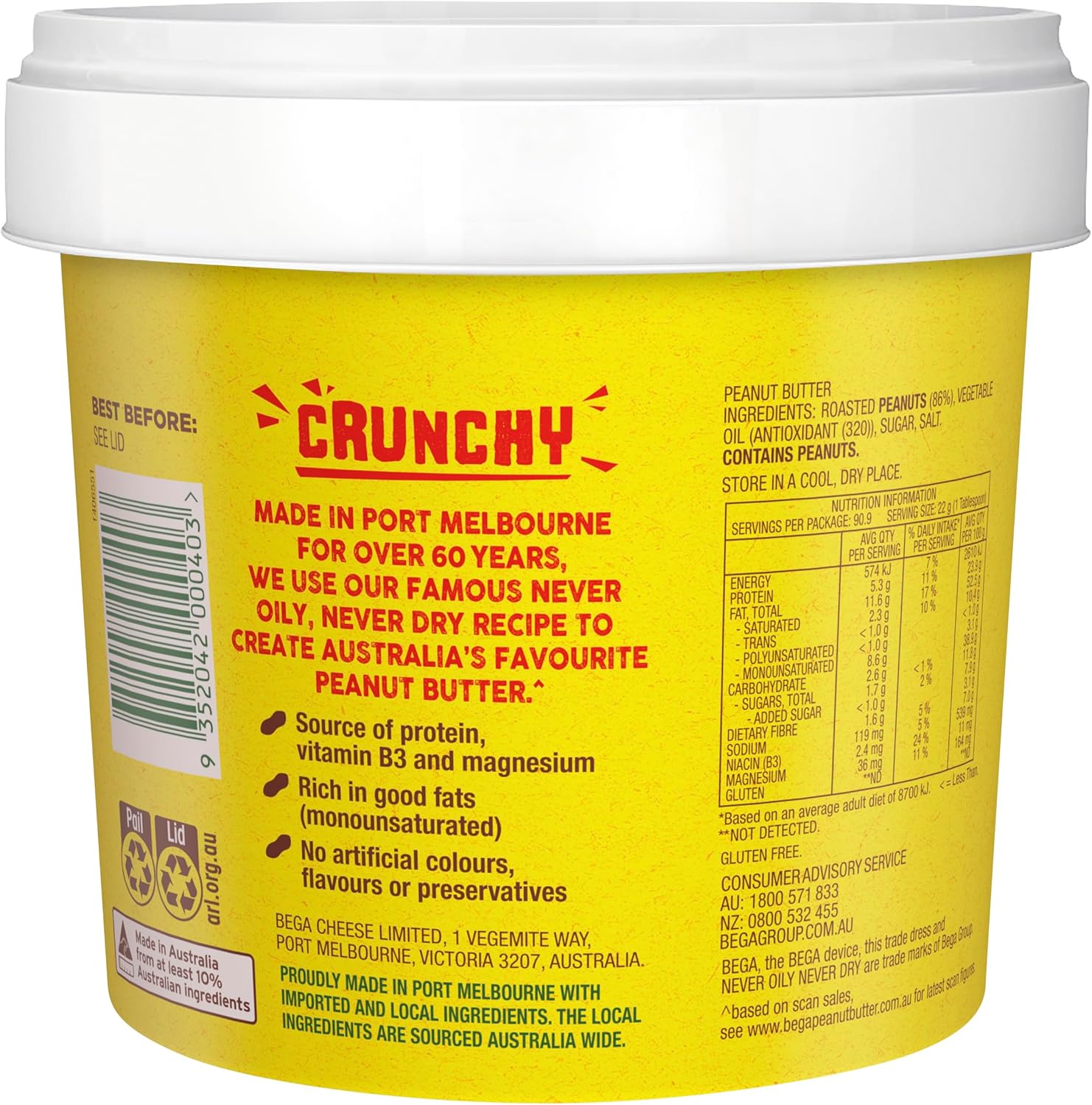 bega crunchy peanut butter, never oily never dry, bulk pail 2kg bega crunchy peanut butter, never oily never dry, bulk pail 2kg