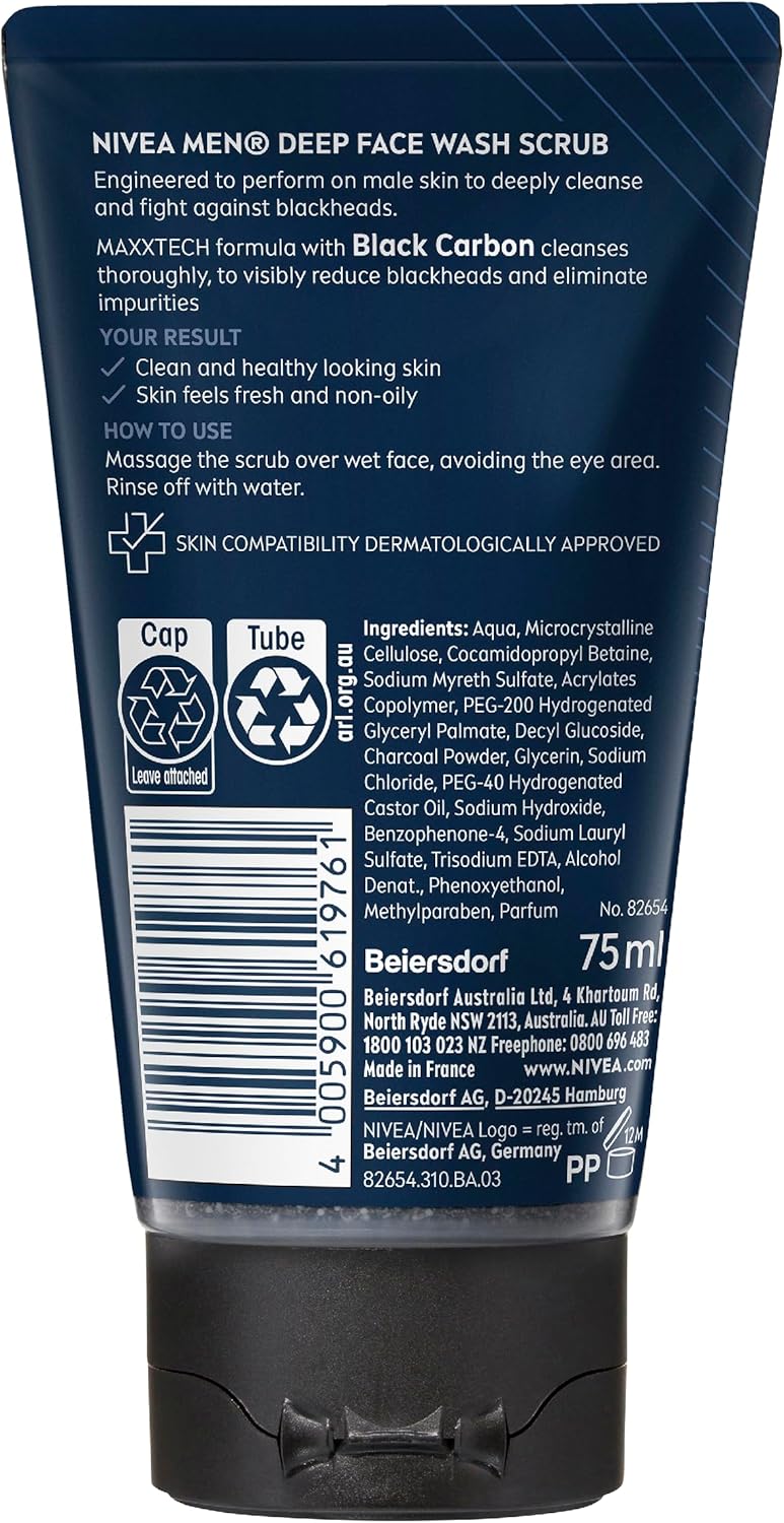 nivea men deep anti blackhead face scrub 75ml | with black charcoal | reduces blackheads & impurities | removes excess oil | deeply cleanses skin | men's exfoliating face cleanser nivea men deep anti blackhead face scrub 75ml | with black charcoal | reduces blackheads & impurities | removes excess oil | deeply cleanses skin | men's exfoliating face cleanser