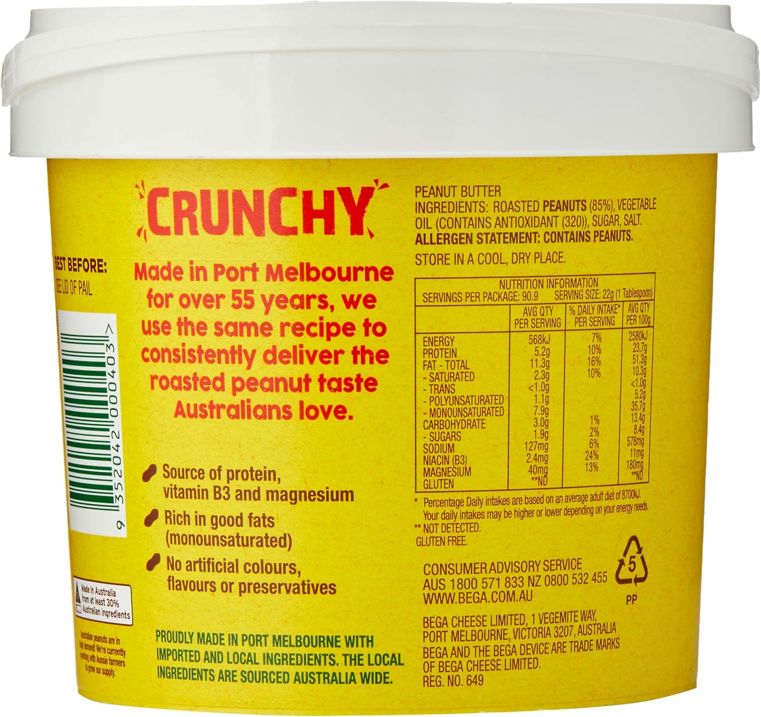 bega crunchy peanut butter, never oily never dry, bulk pail 2kg bega crunchy peanut butter, never oily never dry, bulk pail 2kg