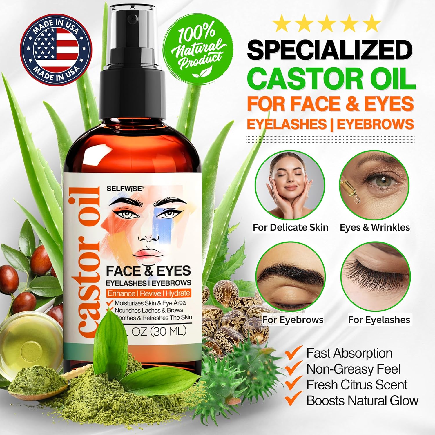 selfwise organic castor oil face moisturizer for eyelashes, eyebrows, wrinkles with jojoba, rosehip, grapeseed, squalane, palmarosa, bergamot, and vitamin e, skin care for oily, dry skin, 1oz selfwise organic castor oil face moisturizer for eyelashes, eyebrows, wrinkles with jojoba, rosehip, grapeseed, squalane, palmarosa, bergamot, and vitamin e, skin care for oily, dry skin, 1oz