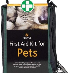 reliance medical pet first aid kit essential care for dogs and cats, ideal for travel, camping, home use, includes saline, bandages, durable rip stop fabric bag, 1 kit