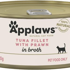 applaws 100% natural wet cat food tuna fillet with prawns in broth, limited ingredients pet food 70g tin (pack of 24)