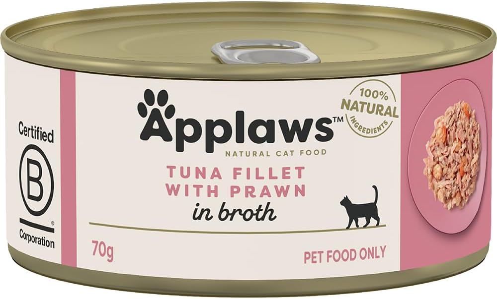 applaws 100% natural wet cat food tuna fillet with prawns in broth, limited ingredients pet food 70g tin (pack of 24) applaws 100% natural wet cat food tuna fillet with prawns in broth, limited ingredients pet food 70g tin (pack of 24)