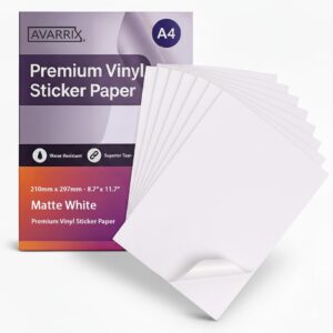 avarrix australia printable vinyl sticker paper for inkjet laser printer, matte white, 20 sheets, waterproof label stickers, printable vinyl sheets, tear resistant, quick dry vibrant colours, a4 size