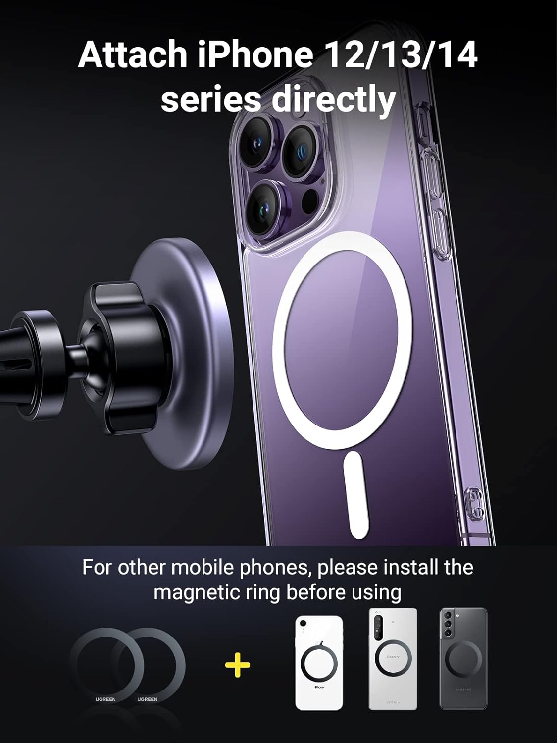 ugreen magsafe car mount, magsafe phone car holder, air vent 360° adjustable magnetic phone holder, strong magnet, easily install, compatible with iphone 17 pro max and phones with magsafe case ugreen magsafe car mount, magsafe phone car holder, air vent 360° adjustable magnetic phone holder, strong magnet, easily install, compatible with iphone 17 pro max and phones with magsafe case