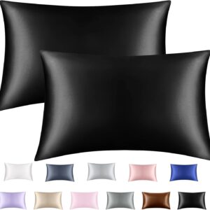 satin pillowcase for hair and skin set of 2, silky soft satin pillowcase for women hair, silk pillow cases, silk satin pillowcase with envelope closure (black, 20x40 inches)