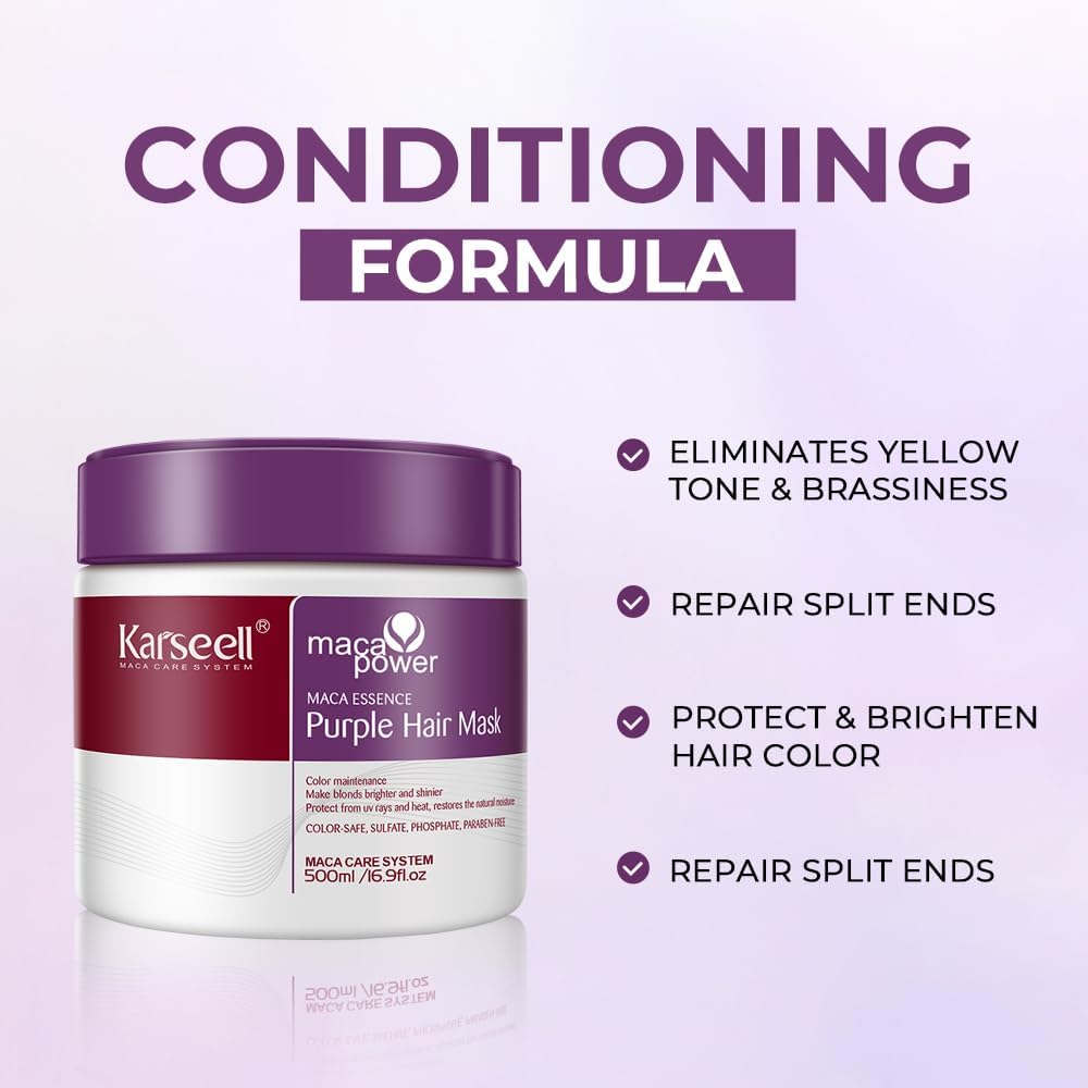karseell purple hair mask professional neutralizes brass & yellow tones for blonde silver gray highlighted hair conditioning with argan oil and collagen, 500ml karseell purple hair mask professional neutralizes brass & yellow tones for blonde silver gray highlighted hair conditioning with argan oil and collagen, 500ml