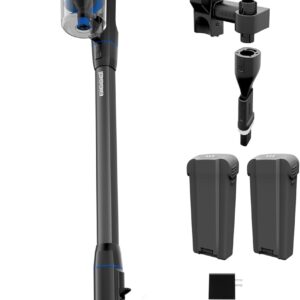 bissell powerclean furguard 280w self standing cordless vacuum with long run time, tangle free self cleaning brush roll, strong suction, two batteries, motorised upholstery tool, & bright headlights