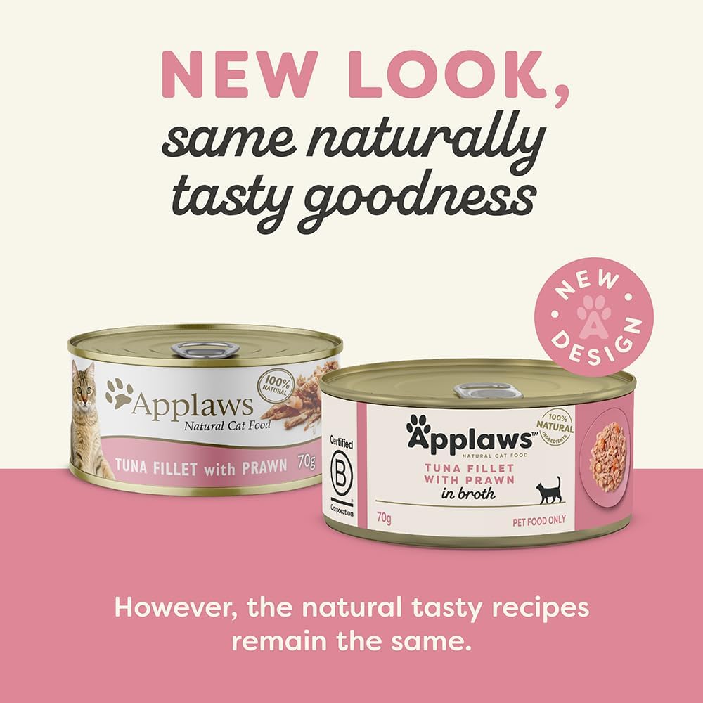 applaws 100% natural wet cat food tuna fillet with prawns in broth, limited ingredients pet food 70g tin (pack of 24) applaws 100% natural wet cat food tuna fillet with prawns in broth, limited ingredients pet food 70g tin (pack of 24)
