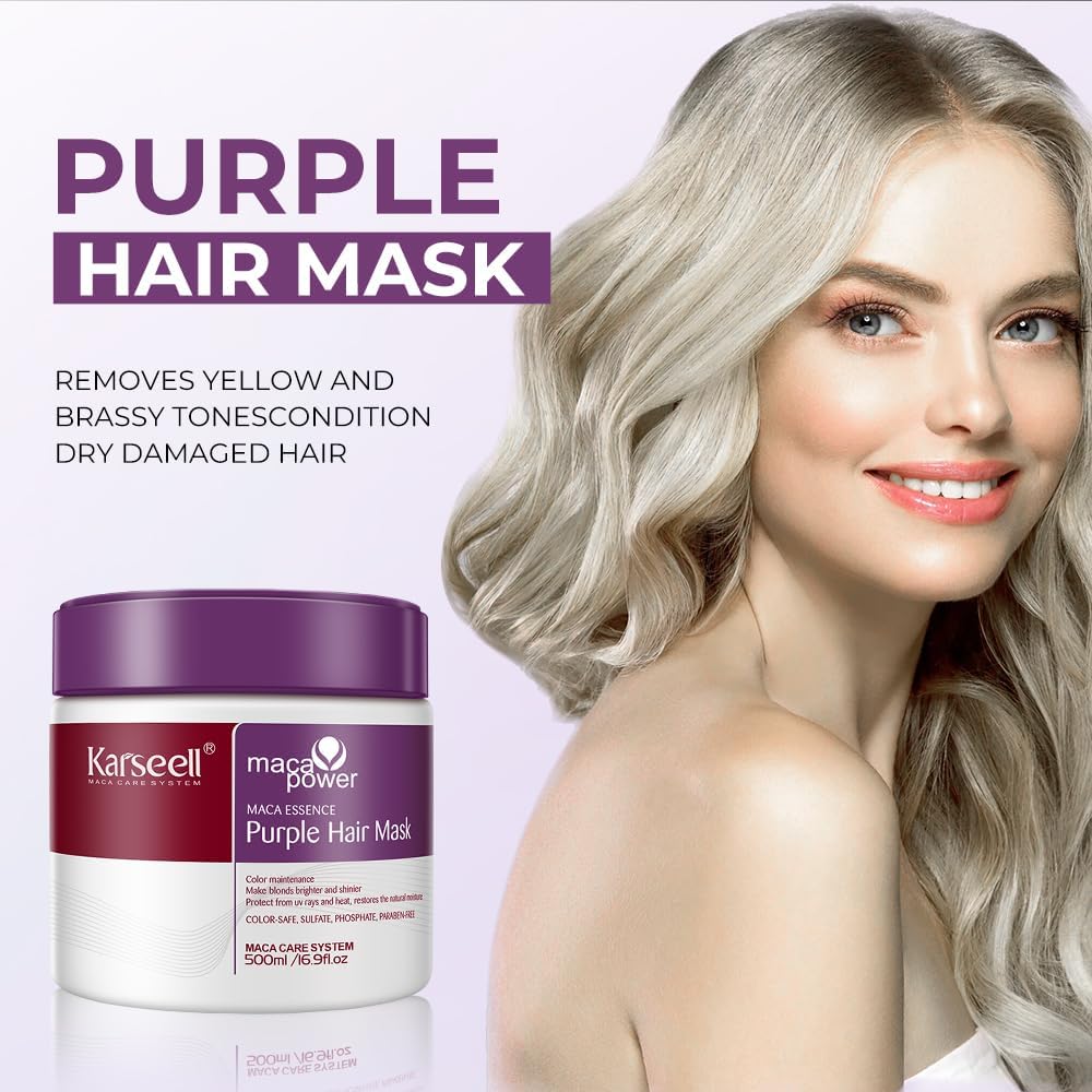 karseell purple hair mask professional neutralizes brass & yellow tones for blonde silver gray highlighted hair conditioning with argan oil and collagen, 500ml karseell purple hair mask professional neutralizes brass & yellow tones for blonde silver gray highlighted hair conditioning with argan oil and collagen, 500ml
