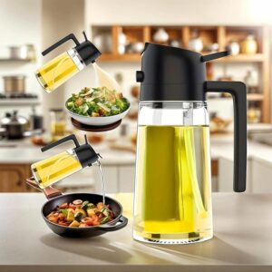 oil sprayer for cooking, 2 in 1 spray & pour olive oil dispenser for kitchen, 16oz/470ml premium glass bottle, kitchen gadgets, food grade mister for salad, air fryer, bbq, frying (black)