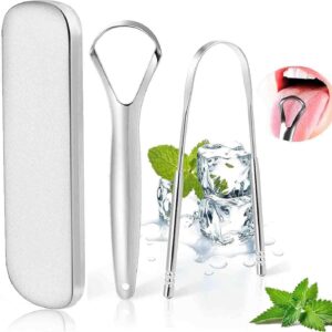 stainless steel metal tongue scraper tongue scraper for adults, professional tongue brush for oral care, improve bad breath and fresh breath, with metal storage box 2 pack
