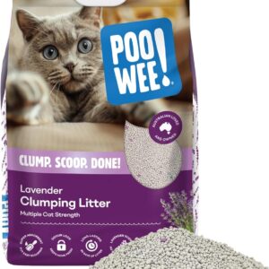 poowee! clumping lavender cat & kitten litter, 7.5kg long lasting clumping and scoopable litter, odour neutraliser, easy to clean the litter tray, australian owned, mild lavender scent, low dust