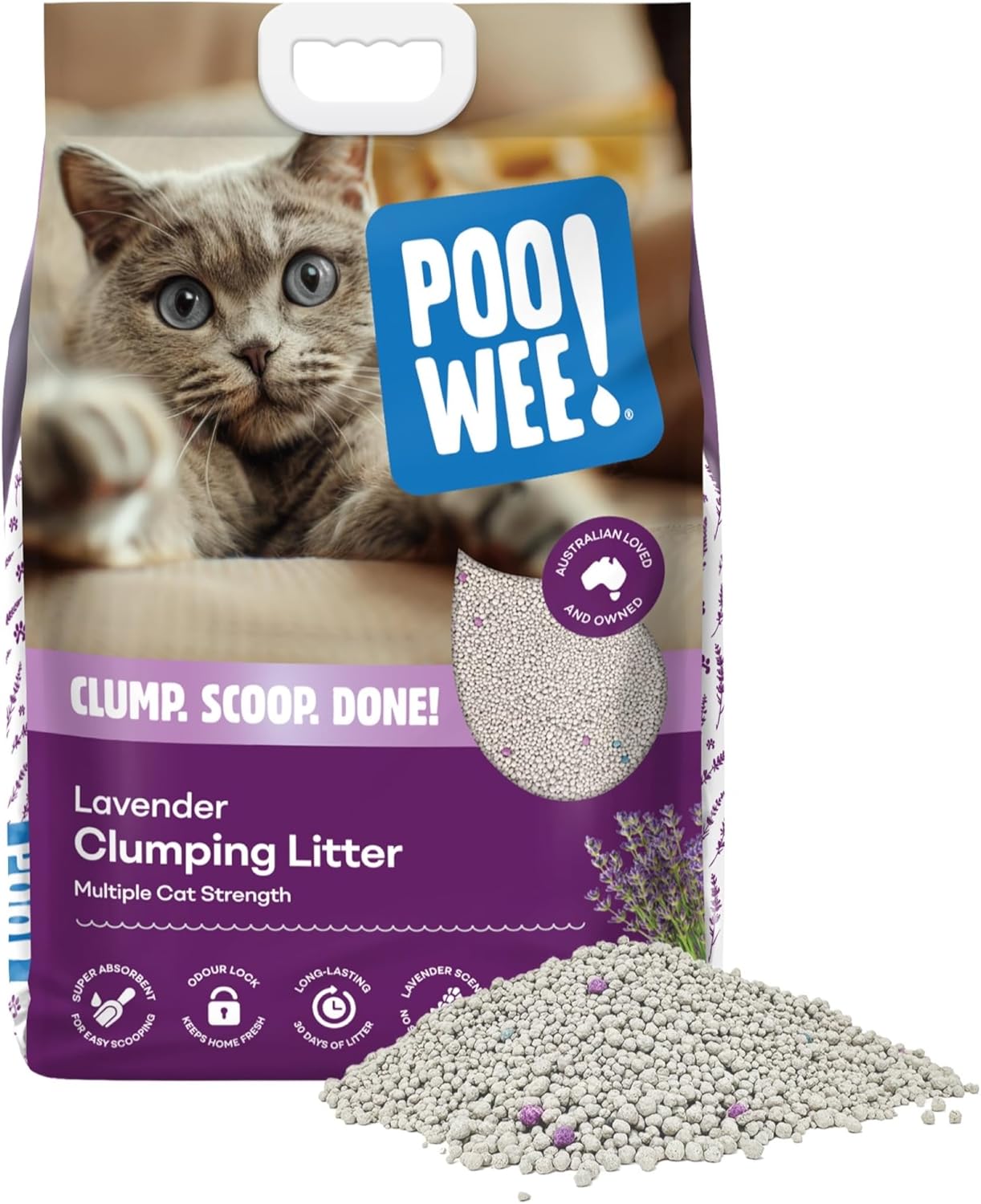 poowee! clumping lavender cat & kitten litter, 7.5kg long lasting clumping and scoopable litter, odour neutraliser, easy to clean the litter tray, australian owned, mild lavender scent, low dust poowee! clumping lavender cat & kitten litter, 7.5kg long lasting clumping and scoopable litter, odour neutraliser, easy to clean the litter tray, australian owned, mild lavender scent, low dust