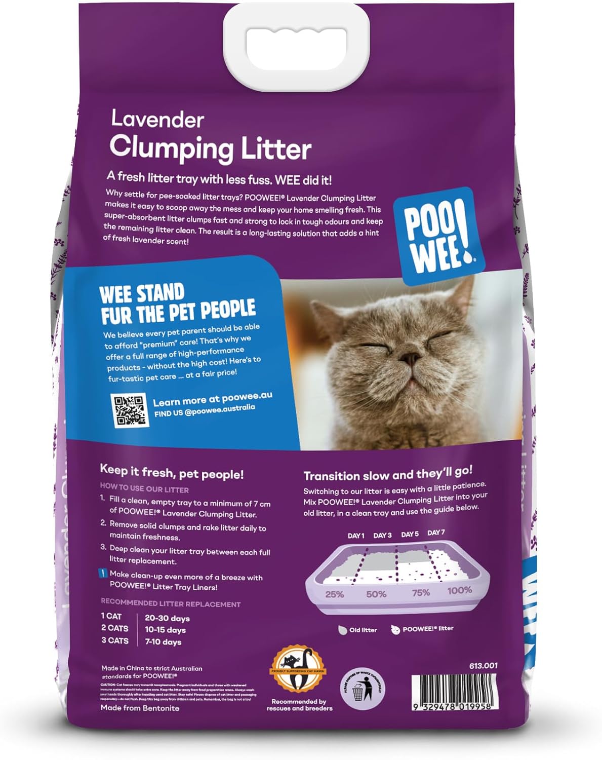 poowee! clumping lavender cat & kitten litter, 7.5kg long lasting clumping and scoopable litter, odour neutraliser, easy to clean the litter tray, australian owned, mild lavender scent, low dust poowee! clumping lavender cat & kitten litter, 7.5kg long lasting clumping and scoopable litter, odour neutraliser, easy to clean the litter tray, australian owned, mild lavender scent, low dust