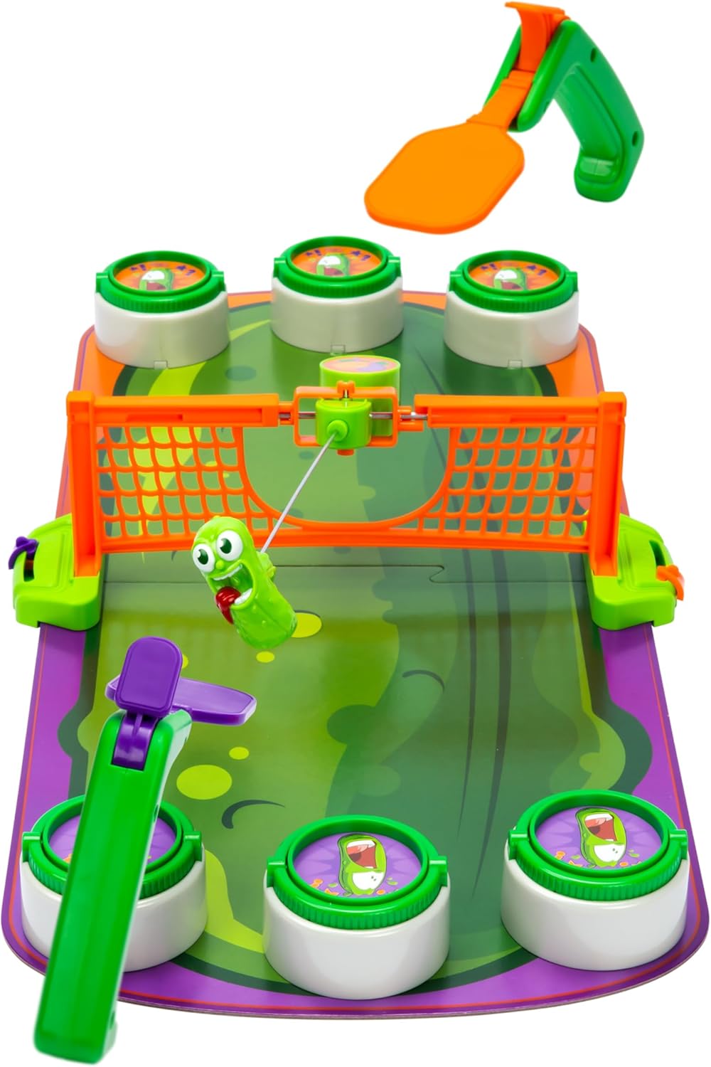 pickleball blast the pickle smackdown game | smash the pickle with your pickleball paddle to flip over your opponents pickle jar lids to win | for 2 people, ages 8+ pickleball blast the pickle smackdown game | smash the pickle with your pickleball paddle to flip over your opponents pickle jar lids to win | for 2 people, ages 8+