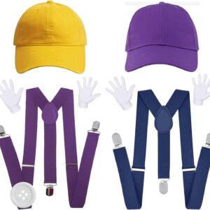 halloween costume for adults,women and men complete halloween & cosplay accessory set with hat, mustache, gloves, buttons, and suspenders, yellow and purple