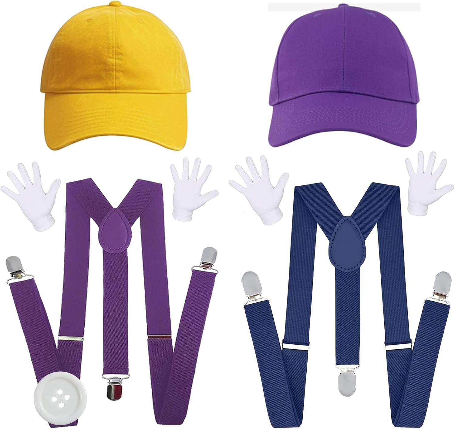 halloween costume for adults,women and men complete halloween & cosplay accessory set with hat, mustache, gloves, buttons, and suspenders, yellow and purple halloween costume for adults,women and men complete halloween & cosplay accessory set with hat, mustache, gloves, buttons, and suspenders, yellow and purple