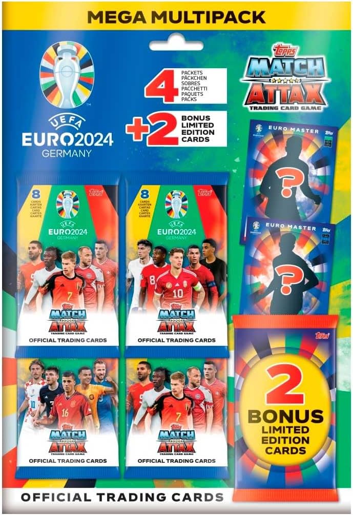 topps uefa euro 2024 official trading cards 34 packs (32 cards + 2 bonus master limited edition cards) medium, multicolor, unisex soccer uefa 2024 collectible card topps uefa euro 2024 official trading cards 34 packs (32 cards + 2 bonus master limited edition cards) medium, multicolor, unisex soccer uefa 2024 collectible card