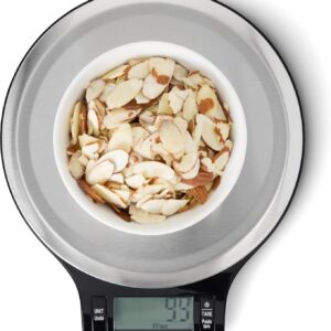 amazon basics digital kitchen scale with lcd display, batteries included, weighs up to 4.9 kgs, black and stainless steel