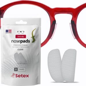 setex gecko grip anti slip nose pads for eyeglasses, usa made, micro structured fibers, ultra strong grip and ultra soft, 5 clear pairs with self stick adhesive, 1mm x 7mm x 16mm