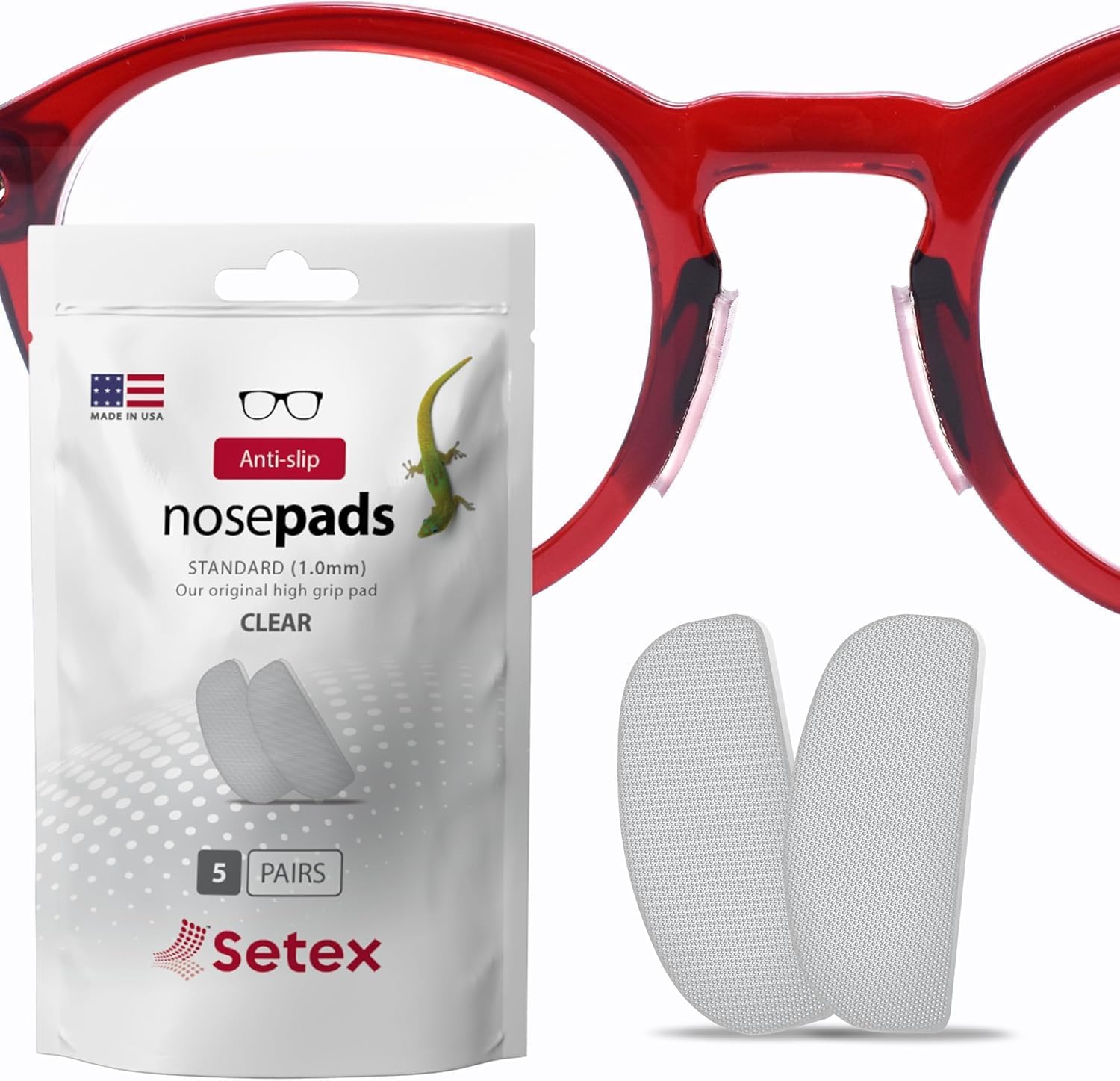 setex gecko grip anti slip nose pads for eyeglasses, usa made, micro structured fibers, ultra strong grip and ultra soft, 5 clear pairs with self stick adhesive, 1mm x 7mm x 16mm setex gecko grip anti slip nose pads for eyeglasses, usa made, micro structured fibers, ultra strong grip and ultra soft, 5 clear pairs with self stick adhesive, 1mm x 7mm x 16mm