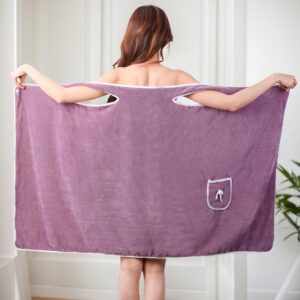 unisex bath towel, wearable after bath towel set, wearable quick dry shower gym towel(purple)