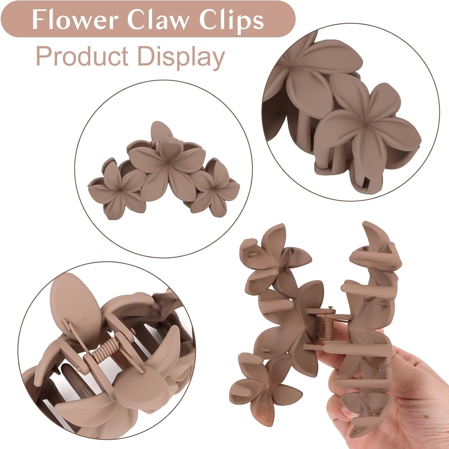 4 pack hawaiian plumeria flower hair clips for women large non slip matte claw clips, strong hold hair clamps for beach, thick or thin hair( white, brown, black, pink) 4 pack hawaiian plumeria flower hair clips for women large non slip matte claw clips, strong hold hair clamps for beach, thick or thin hair( white, brown, black, pink)