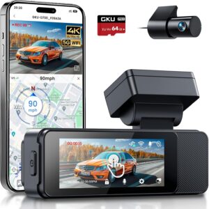 gku dash cam front and rear, 4k+1080p dashcam for car, built in 5g wifi, gps, 64gb sdcard included, touch screen 3.18 inch, 24h parking monitoring, wdr, super night vision, support max to 512gb