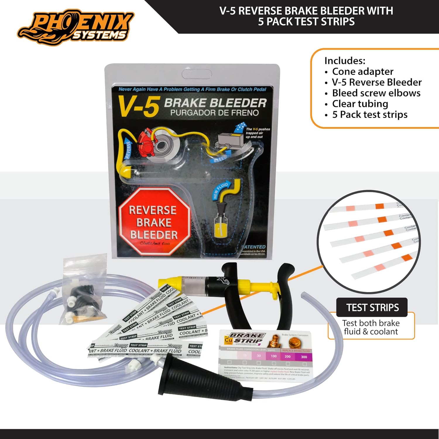 phoenix systems 2104 brk v 5 reverse brake and clutch bleeder (includes 5 pack of brake fluid + coolant test strips), one person, fits all makes and models phoenix systems 2104 brk v 5 reverse brake and clutch bleeder (includes 5 pack of brake fluid + coolant test strips), one person, fits all makes and models