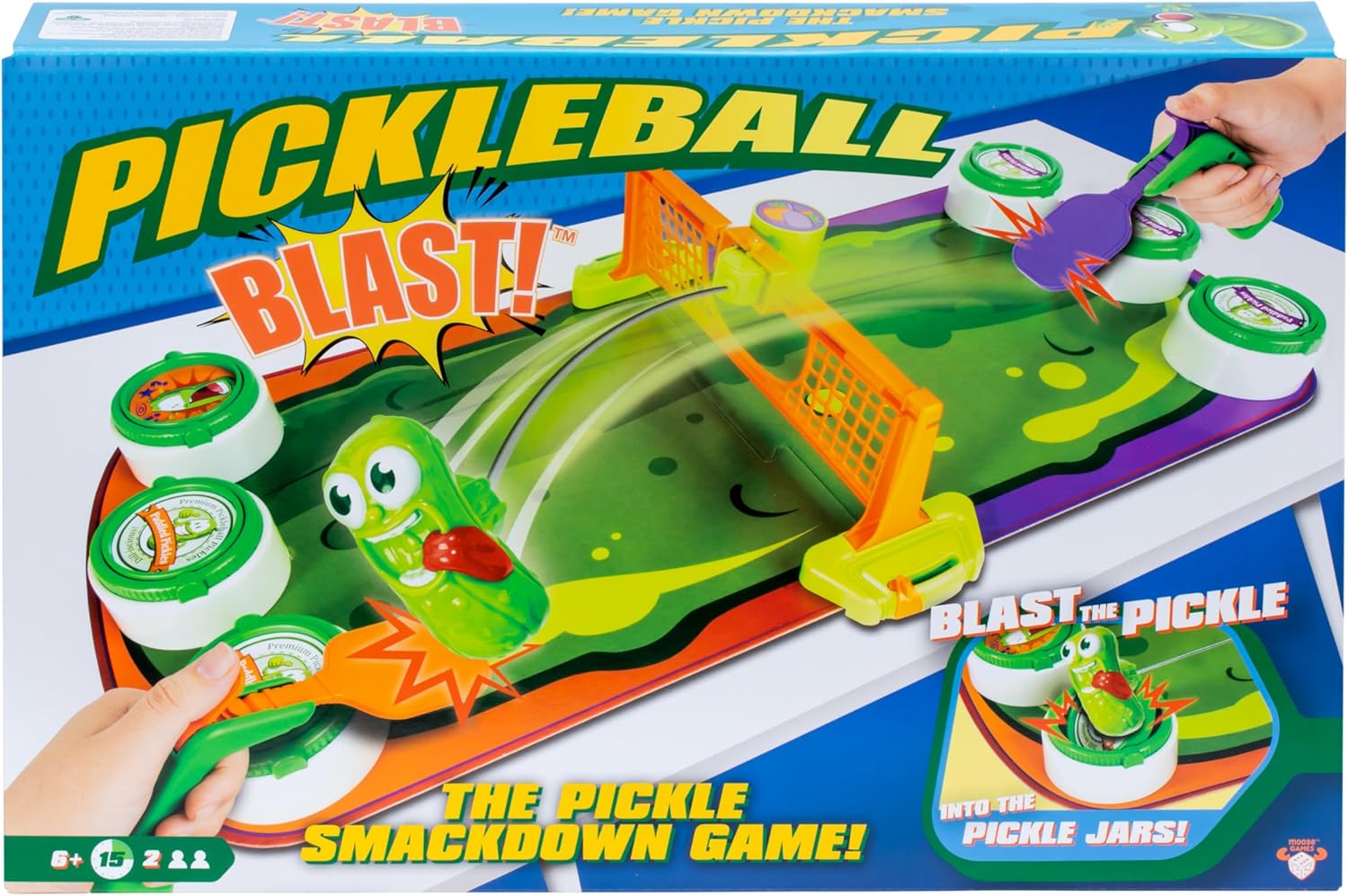 pickleball blast the pickle smackdown game | smash the pickle with your pickleball paddle to flip over your opponents pickle jar lids to win | for 2 people, ages 8+ pickleball blast the pickle smackdown game | smash the pickle with your pickleball paddle to flip over your opponents pickle jar lids to win | for 2 people, ages 8+