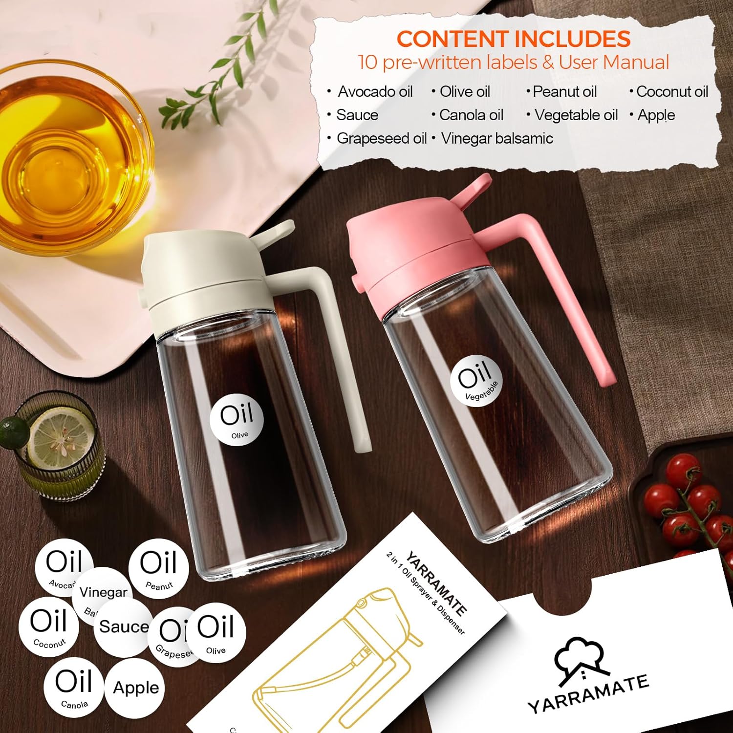yarramate 16oz/470ml glass olive oil sprayer for cooking with stickers, 2 in 1 oil dispenser for kitchen gadgets, food grade premium spray bottle for salad, frying, bbq (creamy white) yarramate 16oz/470ml glass olive oil sprayer for cooking with stickers, 2 in 1 oil dispenser for kitchen gadgets, food grade premium spray bottle for salad, frying, bbq (creamy white)