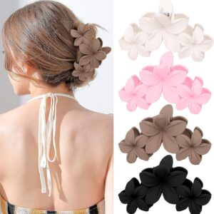 4 pack hawaiian plumeria flower hair clips for women large non slip matte claw clips, strong hold hair clamps for beach, thick or thin hair（ white, brown, black, pink）