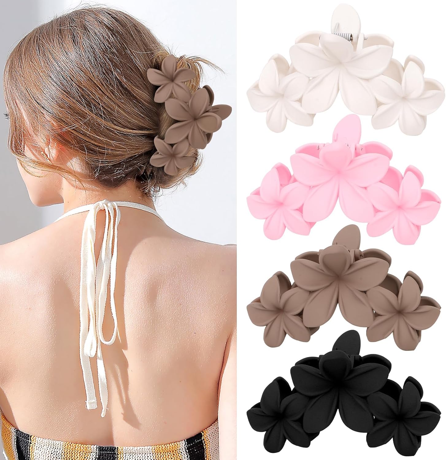 4 pack hawaiian plumeria flower hair clips for women large non slip matte claw clips, strong hold hair clamps for beach, thick or thin hair( white, brown, black, pink) 4 pack hawaiian plumeria flower hair clips for women large non slip matte claw clips, strong hold hair clamps for beach, thick or thin hair( white, brown, black, pink)