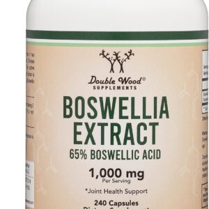 boswellia serrata 240 capsules (max strength 1,000mg of 65% boswellic acid extract) for joint support and joint health, made and tested in the usa, by double wood supplements
