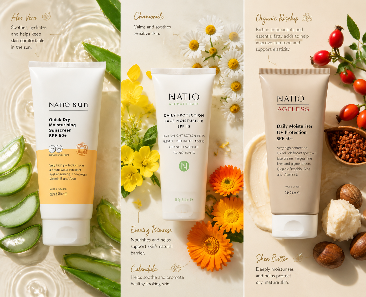 Moisturise & Protect with Natio Sunscreens Your daily shield against UV rays ๐ โ fast-absorbing, non-greasy, and enriched with Aloe Vera for ultimate hydration.