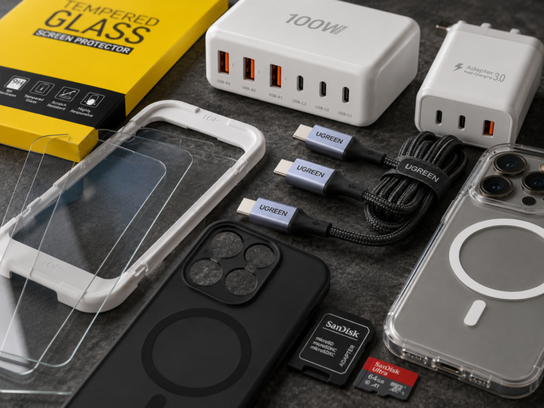 9 Must-Have Mobile Accessories Worth Buying Close-up view of mobile accessory details including charging ports, cables, phone cases and screen protectors.