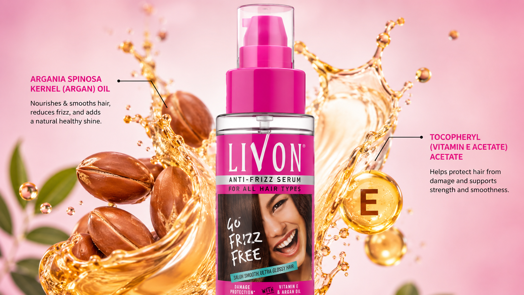 Livon Serum Review: A Simple Solution for Frizz-Free, Glossy Hair Close-up of Livon Serum texture and packaging and shows ingredients