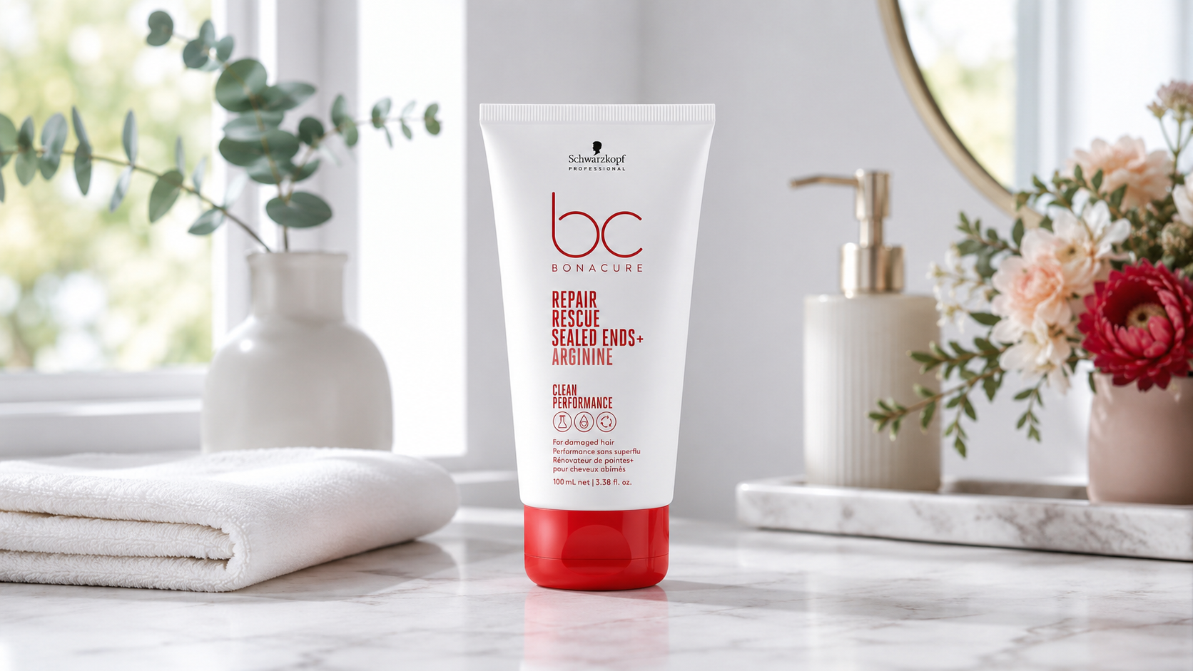 Schwarzkopf Bonacure Repair Rescue Sealed Ends Review Schwarzkopf BC Bonacure Repair Rescue Sealed Ends+ Arginine 100ml on a bright modern bathroom vanity.
