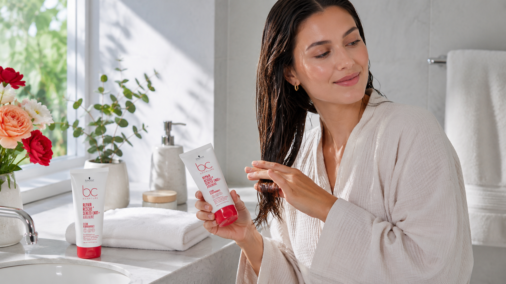 Schwarzkopf Bonacure Repair Rescue Sealed Ends Review Australian woman applying Schwarzkopf Bonacure Repair Rescue Sealed Ends treatment after showering.