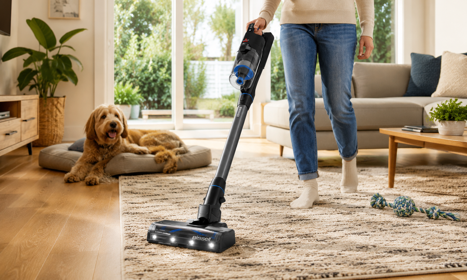 BISSELL PowerClean FurGuard 280W Self-Standing Cordless Vacuum Review: Is It Worth Buying? Pet owner using the BISSELL PowerClean FurGuard 280W cordless vacuum on a rug in a bright Australian living room while a dog relaxes nearby on a pet bed.
