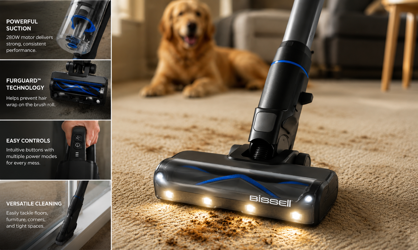 BISSELL PowerClean FurGuard 280W Self-Standing Cordless Vacuum Review: Is It Worth Buying? Close-up of the BISSELL PowerClean FurGuard cordless vacuum brush head cleaning pet hair from carpet, with feature collage highlighting FurGuard technology, suction power, controls, and cleaning versatility.