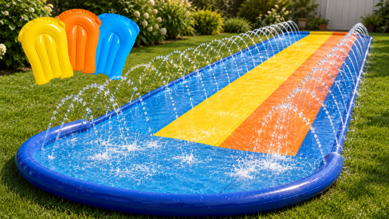Sloosh Triple Water Slide Review: Backyard Summer Fun Sorted? Sloosh Outdoor Triple Lawn Water Slide set up on a green lawn