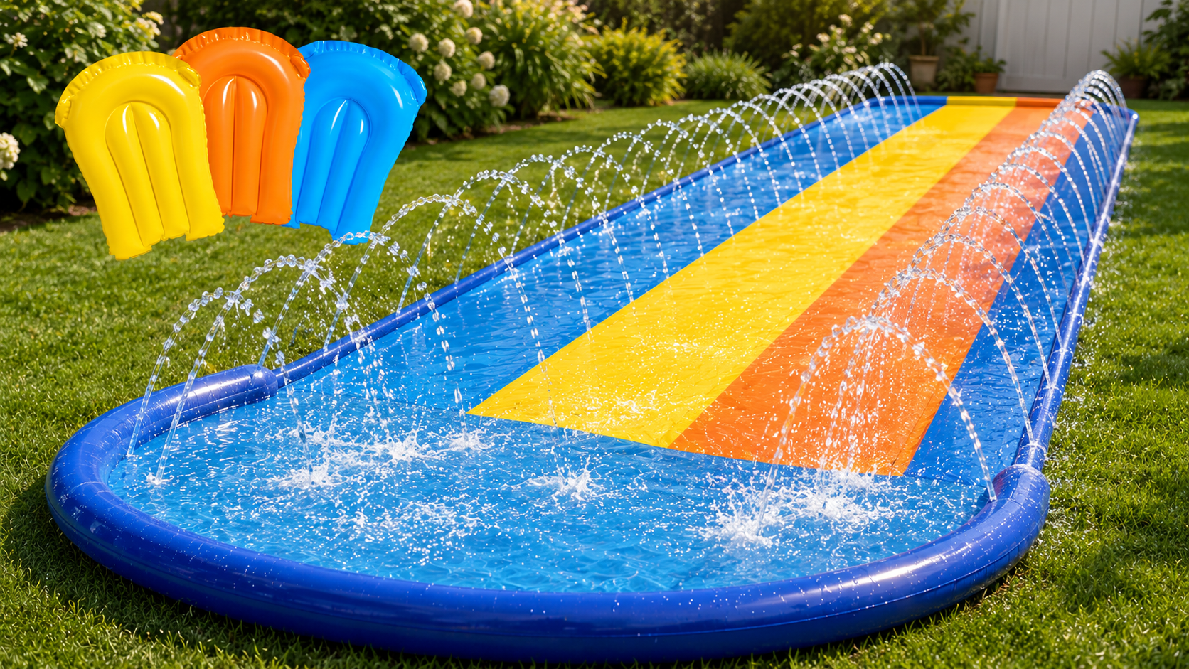 Sloosh Outdoor Triple Lawn Water Slide set up on a green lawn
