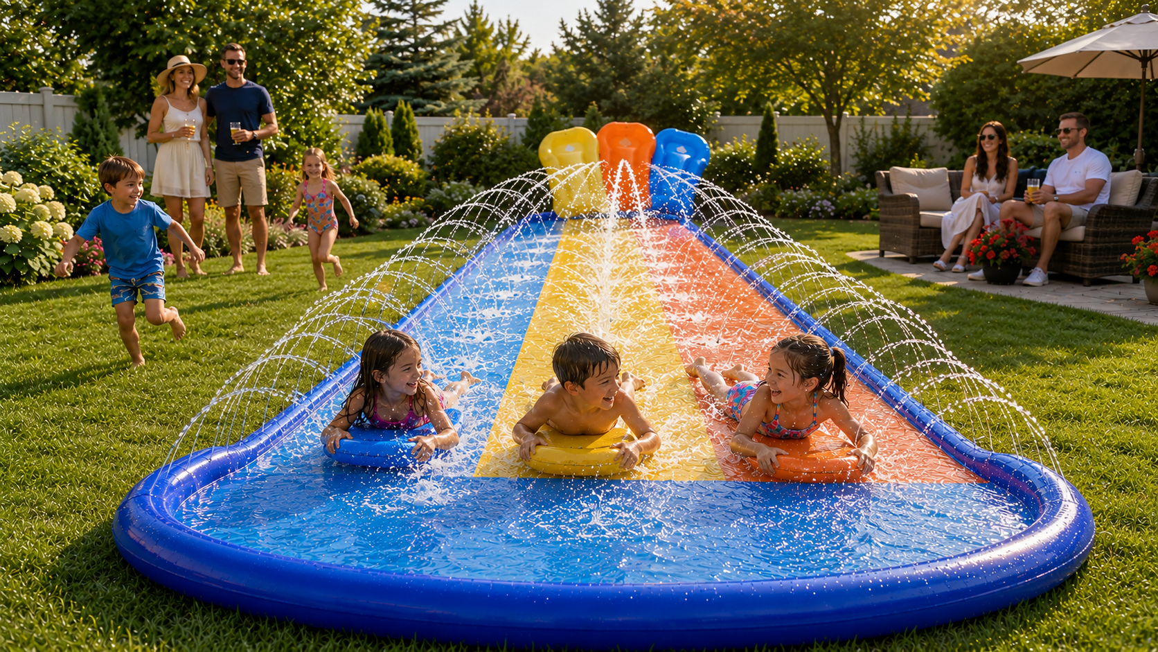 Sloosh Triple Water Slide Review: Backyard Summer Fun Sorted? Kids sliding and playing on the Sloosh triple lane water slide in an Australian backyard